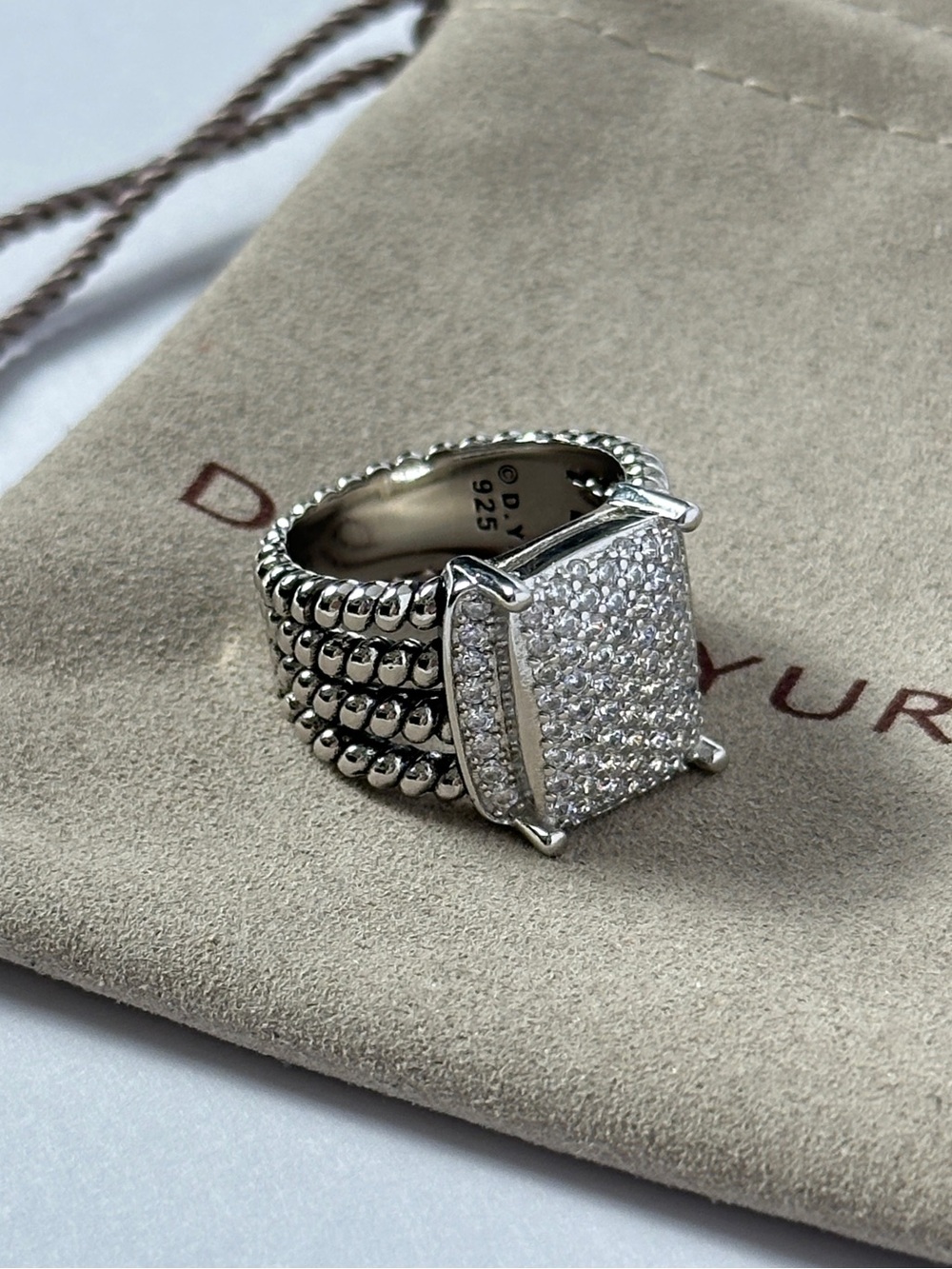 David Yurman Sterling Silver Wheaton Ring with Pave Diamonds Size 7